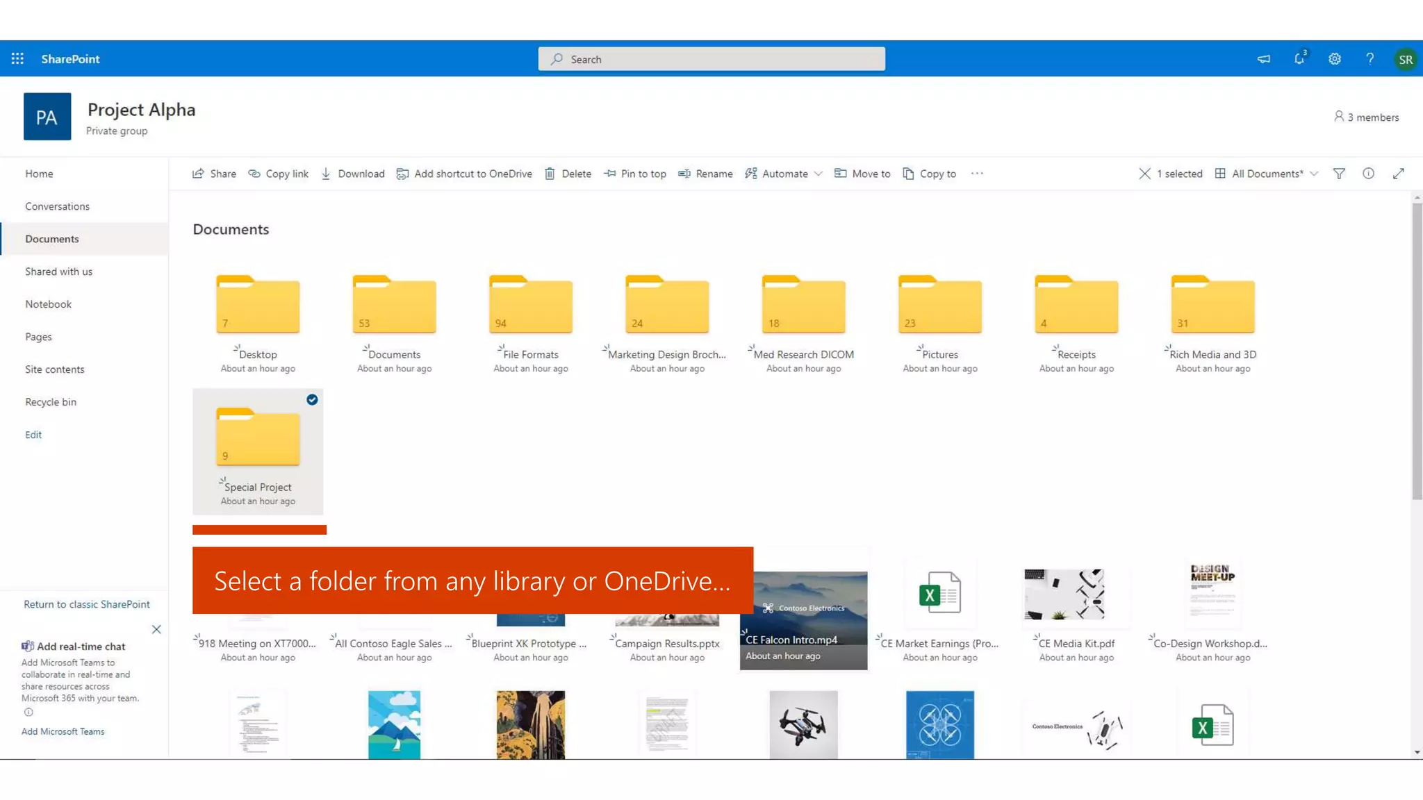 Select a folder from any library or OneDrive…
 