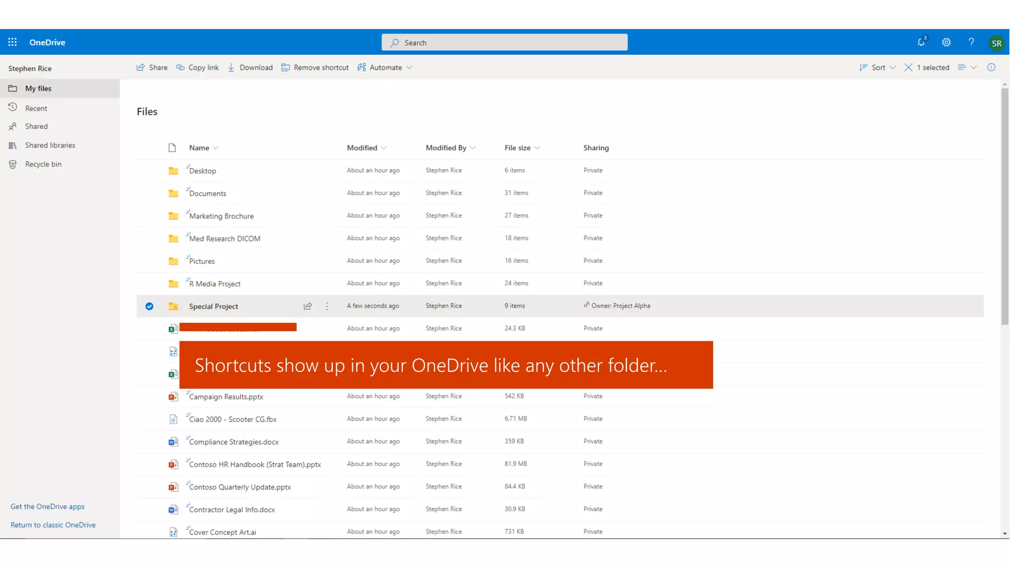 Shortcuts show up in your OneDrive like any other folder…
 