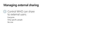 Managing external sharing
Control WHO can share
to external users
Everyone
Only specific people
No one
 
