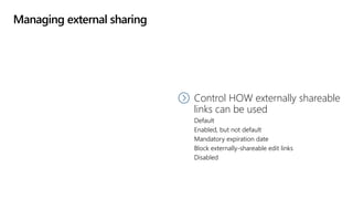 Managing external sharing
Control WHAT can be
shared externally
Anything
Only specific libraries
Only files without sensitive content
Control HOW externally shareable
links can be used
Default
Enabled, but not default
Mandatory expiration date
Block externally-shareable edit links
Disabled
 