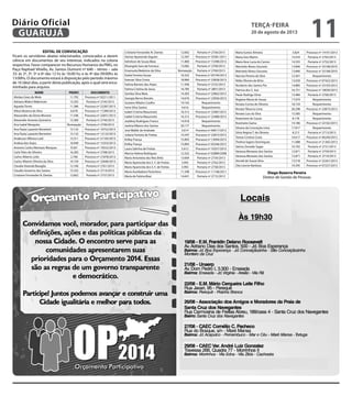 EDITAL DE CONVOCAÇÃO
Ficam os servidores abaixo relacionados, convocados a darem
ciência em documentos de seu interesse, indicados na coluna
respectiva. Favor comparecer no Recursos Humanos da PMG, no
Paço Raphael Vitiello, Av. Santos Dumont nº 640 – térreo – sala
33: às 2ª, 3ª, 5ª e 6ª das 12 hs às 16:00 hs; e às 4ª das 09:00hs às
13:00hs. O documento estará à disposição pelo período máximo
de 10 (dez) dias, a partir desta publicação, após o qual será enca-
minhado para arquivo.
NOME PRONT. DOCUMENTO
Abrãao Goes de Melo 11.792 Processo nº 02211/2011
Adriana Midori Makimoto 13.292 Portaria nº 2745/2013
Agueda Torres 11.386 Processo nº 22287/2013
Ailton Bezerra da Silva 6.678 Processo nº 17289/2013
Alessandro da Gloria Morone 11.546 Processo nº 22651/2013
Alexandre Antonio Quinterio 13.300 Portaria nº 2744/2013
Ana Isabel Mesquita Nomeação Portaria nº 2799/2013
Ana Paula Lazzarini Berrettini 13.132 Processo nº 10752/2013
Ana Paula Lazzarini Berrettini 13.132 Processo nº 12122/2013
Anderson Affonso Lodi 13.311 Processo nº 21105/2013
Andrea dos Anjos 16.940 Processo nº 15353/2013
Antonio Carlos Menezes Marques 9.567 Processo nº 19552/2013
Carla Teles de Oliveira 16.283 Portaria nº 2708/2013
Carlos Alberto Leite 2.706 Processo nº 21878/2013
Carlos Alberto Oliveira da Silva 14.729 Processo nº 23040/2013
Claudia Varanda Basaglia 12.106 Portaria nº 2761/2013
Claudio Severino dos Santos 13.332 Portaria nº 2714/2013
Cristiane Fernandes N. Dantas 12.602 Portaria nº 2757/2013
Cristiane Fernandes N. Dantas 12.602 Portaria nº 2756/2013
Denise Aparecida Seguim 12.597 Processo nº 35581/2011
Edmilson de Souza Maia 11.800 Processo nº 15398/2013
Elisangela Sara da Fonseca 13.082 Portaria nº 2709/2013
Emanuela Medeiros da Silva Nomeação Portaria nº 2769/2013
Estela Ferreira Souza 16.322 Processo nº 05744/2013
Estevan Silva Cintra 18.960 Processo nº 22828/2013
Fatima Barreto dos Anjos 11.936 Portaria nº 2722/2013
Fatima Cristina de Jesus 16.785 Portaria nº 2801/2013
Genilza Silva Maia 14.303 Processo nº 23062/2013
Georgia Berno Bonato 14.676 Processo nº 22956/2013
Gustavo Ribeiro Coelho 19.165 Requerimento
Irene Silva Santos 4.616 Requerimento
Isabel Cristina Masumoto 16.312 Processo nº 23487/2013
Isabel Cristina Masumoto 16.312 Processo nº 23488/2013
Joaldrey Rodrigues Franco 14.918 Requerimento
Joelma Ribeiro dos Santos 20.177 Requerimento
Jose Waldir de Andrade 3.614 Processo nº 09017/2013
Juliana Ferreira de Freitas 14.547 Processo nº 22873/2013
Kirlley França 15.893 Processo nº 12094/2013
Kirlley França 15.893 Processo nº 05246/2013
Laura Sabrina de Freitas 5.612 Processo nº 10357/2013
Marcia Helena Rodrigues 12.322 Processo nº 02889/2008
Maria Antonieta dos Reis Brito 13.004 Portaria nº 2754/2013
Maria Aparecida dos S. F. de Freitas 3.992 Portaria nº 2762/2013
Maria Aparecida dos S. F. de Freitas 3.992 Portaria nº 2758/2013
Maria Auxiliadora Florentino 11.598 Processo nº 11108/2011
Maria de Fatima Braz 14.641 Portaria nº 2715/2013
Maria Eunice Almeira 5.824 Processo nº 14101/2013
Maria Ines Martin 14.554 Portaria nº 2763/2013
Maria Vera Lucia do Carmo 14.555 Portaria nº 2752/2013
Maristela Abreu Gouveia 13.846 Processo nº 33168/2010
Maristela Abreu Gouveia 13.846 Processo nº 33168/2010
Narcizo Pereira da Silva 12.441 Requerimento
Nilda Oliveira de Brito 13.039 Processo nº 07422/2013
Norberto dos Santos Pio 14.885 Processo nº 23103/2013
Patricia dos S. Juiz 16.751 Processo nº 18030/2013
Paulo Rodrigo Diniz 13.484 Portaria nº 2760/2013
Regiane Maria de Souza 17.074 Requerimento
Renata Correa de Oliveira 18.724 Requerimento
Renata Tiburcio Lima 20.298 Processo nº 23873/2013
Renato Luis da Silva 15.585 Requerimento
Rosemeire de Cassia 8.178 Requerimento
Rosimeire Gama 14.186 Processo nº 22162/2013
Silvana da Conceição Lima 17.817 Requerimento
Silvia Regina T. de Oliveira 8.213 Portaria nº 2713/2013
Tereza Cristina Costa 10.617 Processo nº 06240/2013
Thelma Sagres Domingues 11.088 Processo nº 21365/2013
Valcira Zenaide Sagas 10.792 Portaria nº 2731/2013
Vanessa Meneses dos Santos 12.871 Portaria nº 2759/2013
Vanessa Menezes dos Santos 12.871 Portaria nº 2710/2013
Verneli de Souza Silva 13.518 Processo nº 22261/2013
Zita Leonor Barbosa 10.595 Processo nº 07237/2013
Diego Bezerra Pereira
Diretor de Gestão de Pessoas
terça-feira
20 de agosto de 2013
11
GUARUJÁ
Diário Oficial
 