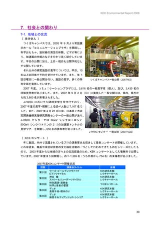 KEK Environmental Report 2008




7．社会との関わり
7-1. 地域との交流
〔 見学受入 〕
 つくばキャンパスでは、2005 年 9 月より常設展
示ホール「コミュニケーションプラザ」を開設し、
科学おもちゃ、放射線の測定の体験、ビデオ等によ
り、加速器の仕組みなどを分かり易く紹介していま
す。平日の公開に加え、土日・祝日も公開予約なし
で公開しています。
 それ以外の研究施設の見学については、平日、10
名以上の団体で予約を受付けています。また、年 1
回日曜日に一般公開を行い、施設の見学、多くの特            つくばキャンパス一般公開（2007/9/2）
別企画を実施しています。
 2007 年度、コミュニケーションプラザには、3,816 名の一般見学者（個人）、及び、3,435 名の
団体見学者がありました。また、2007 年 9 月 2 日（日）に実施した一般公開には、県内、県外か
ら約 3,800 名が来場されました。
 J-PARC においても随時見学を受付けており、
2007 年度の見学 視察による述べ人数は 7,167 名で
          ・
した。また、2007 年 4 月 22 日には、日本原子力研
究開発機構東海研究開発センターの一般公開があり、
J-PARC センターでは 3GeV シンクロトロンと
50GeV シンクロトロンの 2 つの加速器トンネルの
          650
見学ツアーを開催し、 名の参加者がありました。
                                   J-PARC センター 一般公開（2007/4/22）

〔 KEK コンサート 〕
 年に数回、内外で活躍されているプロの演奏家をお招きして音楽コンサートを開催しています。
これは従来、職員や来訪研究者の文化福祉活動の一つとして行われてきたものをシリーズ化したも
ので、 2003 年度からは地域の方々との交流促進のため、KEK コンサートとして入場無料で公開し
ています。2007 年度は 5 回開催し、のべ 1,369 名（うち外部から 754 名）の来場者がありました。

        2007年度KEKコンサート開催状況
           回数            演奏会タイトル              会場
                ウーゴ・ゴールデンツヴァイグ           KEK研究本館
         第21回
                ピアノリサイタル                 レクチャーホール
                神谷　徹                     KEK研究本館
         第22回
                ストロー＆リコーダーリサイタル          レクチャーホール
                特別講演・演奏会
         第23回                            つくばノバホール
                科学と音楽の響宴
                デュオ                      KEK研究本館
         第24回
                長岡千枝・橋本のり                レクチャーホール
                デュオ                      KEK研究本館
         第25回
                麻里子＆ディアンジェロ・シシリア         レクチャーホール




                                                                   39
 