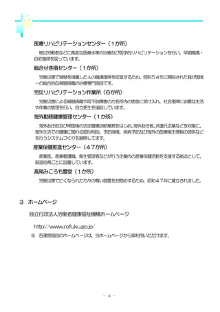 医療リハビリテーションセンター（１か所）
    被災労働者などに高度な医療水準の治療及び医学的リハビリテーションを行い、早期職場・
   自宅復帰を図っています。

   総合せき損センター（１か所）
    労働災害で脊髄を損傷した人の職場復帰を促進するため、昭和５４年に開設された我が国唯
   一の総合的な脊髄損傷の治療専門施設です。

   労災リハビリテーション作業所（６か所）
    労働災害による脊髄損傷や両下肢障害の方を所内の宿舎に受け入れ、社会復帰に必要な生活
   や作業の管理を行い、自立更生を援助しています。

   海外勤務健康管理センター（１か所）
    海外赴任前及び帰国後の法定健康診断業務をはじめ、海外赴任者、
                                 派遣元企業などを対象に、
   海外生活での健康に関わる個別相談、予防接種、疾病予防及び海外の医療衛生情報の提供など
   を行うシステムづくりを展開してます。

  産業保健推進センター（４７か所）
    産業医、産業看護職、衛生管理者などが行う企業内の産業保健活動を支援する拠点として、
   都道府県ごとに設置しています。

   高尾みころも霊堂（１か所）
    労働災害で亡くなられた方々の尊い御霊をお慰めするため、昭和４７年に建立されました。



3 ホームページ

  独立行政法人労働者健康福祉機構ホームページ

   http://www.rofuku.go.jp/
  ※ 各運営施設のホームページは、当ホームページから御利用いただけます。




                              － ４ －
 