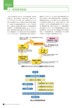 OKAYAMA UNIVERSITY

     環境報告書
           2008



               2 . 環境管理組織

           　岡山大学環境方針に基づき、全学の環境目標・目的等の                              編集を行ってきました。また平成19年度の環境目標に対す
           計画をたて、実行及び運用、点検及び是正、見直しを行う                              る自己点検及び、翌年の環境目標の見直し（第４節参照）、
           というＰＤＣＡサイクル（図に示す）を継続的に行うことを                             環境報告書の内容について環境マネジメント委員会に提出
           目的とする環境マネジメント委員会が平成19年度に設置さ                             して承認を受けて確認しました。平成20年度からは、本部
           れ、次の図に示す環境管理組織となっています。平成19年                             会で検討してきました環境報告書関連のみでなく、岡山大
           度は、本委員会に環境報告書作成部会、化学物質管理部会                              学の環境管理に関して検討する部会として、環境管理検討
           が設置され、この環境報告書作成部会において、エネルギー                             部会が置かれています。また化学物質管理部会は、特に急
           関連、環境活動等の資料収集及びその解析を行いました。                              務の課題であった岡山大学の化学物質管理に関する規程の
           さらに保健環境センター環境安全部門（現在の環境管理セ                              見直し、化学物質管理方針、化学物質管理システムの運用
           ンター）が中心となって、環境報告書の作成の企画並びに                              方法等について継続して協議を重ねています。




                                               ACTION

                                                                   PLAN



                                                   CHECK

                                                              DO

                                                    環境マネジメントシステムに重要な PDCA サイクル




                                                           岡山大学環境管理体制

5   Okayama University Environmental Report 2008
 