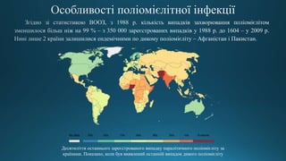Десятиліття останнього зареєстрованого випадку паралітичного поліомієліту за
країнами. Показано, коли був виявлений останній випадок дикого поліомієліту
 