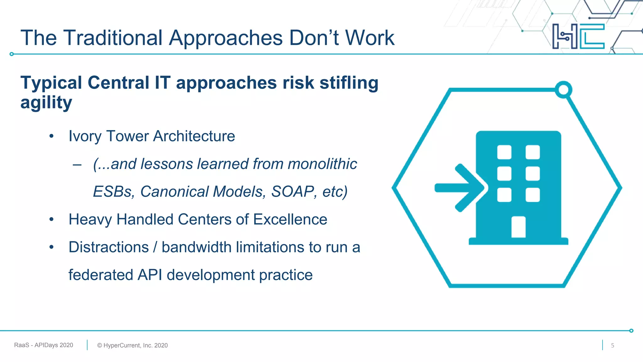 RaaS - APIDays 2020 © HyperCurrent, Inc. 2020
Typical Central IT approaches risk stifling
agility
• Ivory Tower Architecture
– (...and lessons learned from monolithic
ESBs, Canonical Models, SOAP, etc)
• Heavy Handled Centers of Excellence
• Distractions / bandwidth limitations to run a
federated API development practice
The Traditional Approaches Don’t Work
5
 
