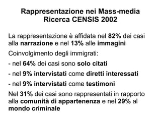 Rappresentazione nei Mass-media
         Ricerca CENSIS 2002

La rappresentazione è affidata nel 82% dei casi
alla narrazione e nel 13% alle immagini
Coinvolgimento degli immigrati:
- nel 64% dei casi sono solo citati
- nel 9% intervistati come diretti interessati
- nel 9% intervistati come testimoni
Nel 31% dei casi sono rappresentati in rapporto
alla comunità di appartenenza e nel 29% al
mondo criminale
 