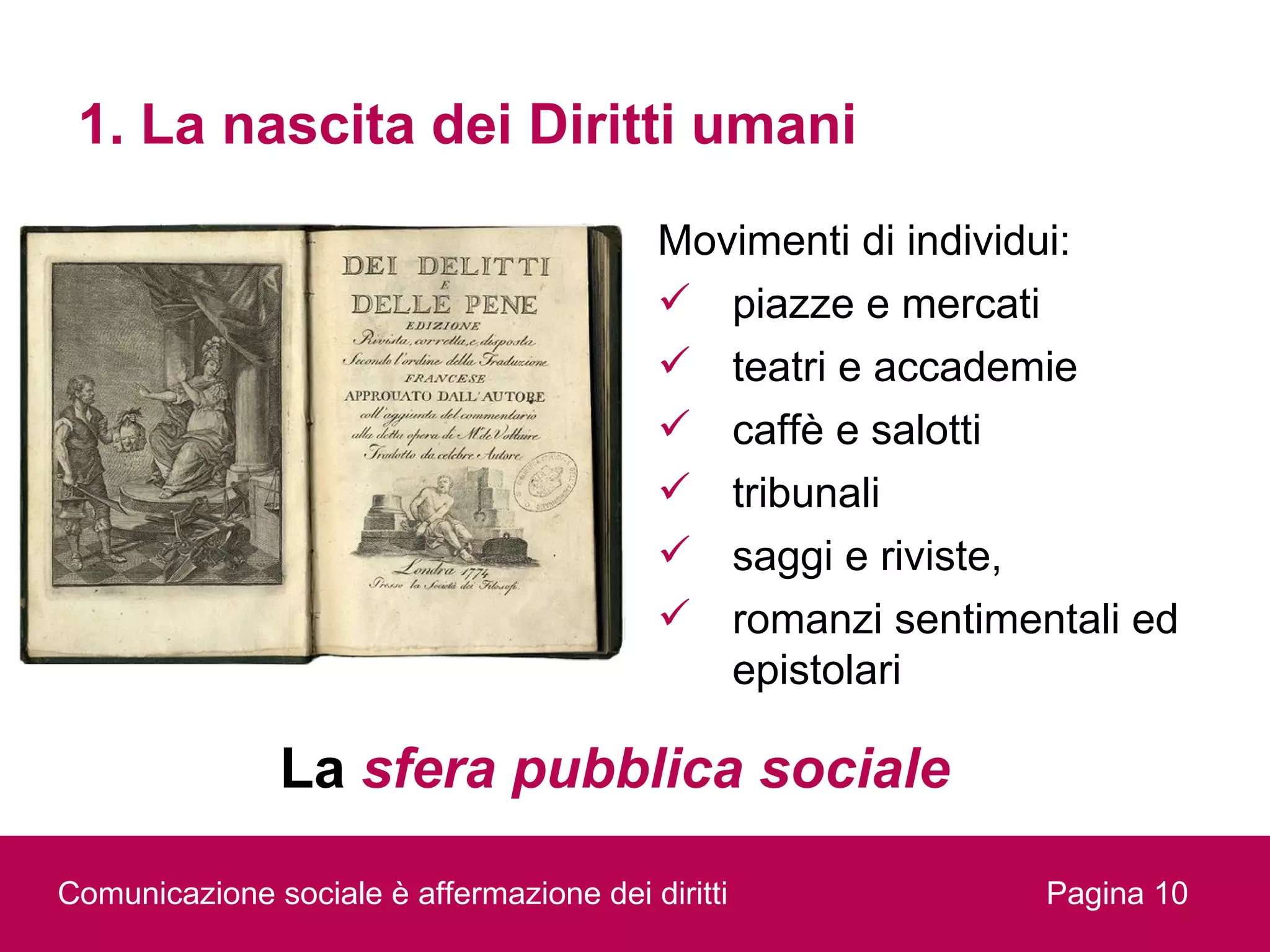 1. La nascita dei Diritti umani
                                          Movimenti di individui:
                                           piazze e mercati
                                           teatri e accademie
                                           caffè e salotti
                                           tribunali
                                           saggi e riviste,
                                           romanzi sentimentali ed
                                             epistolari

               La sfera pubblica sociale

Comunicazione sociale è affermazione dei diritti            Pagina 10
 