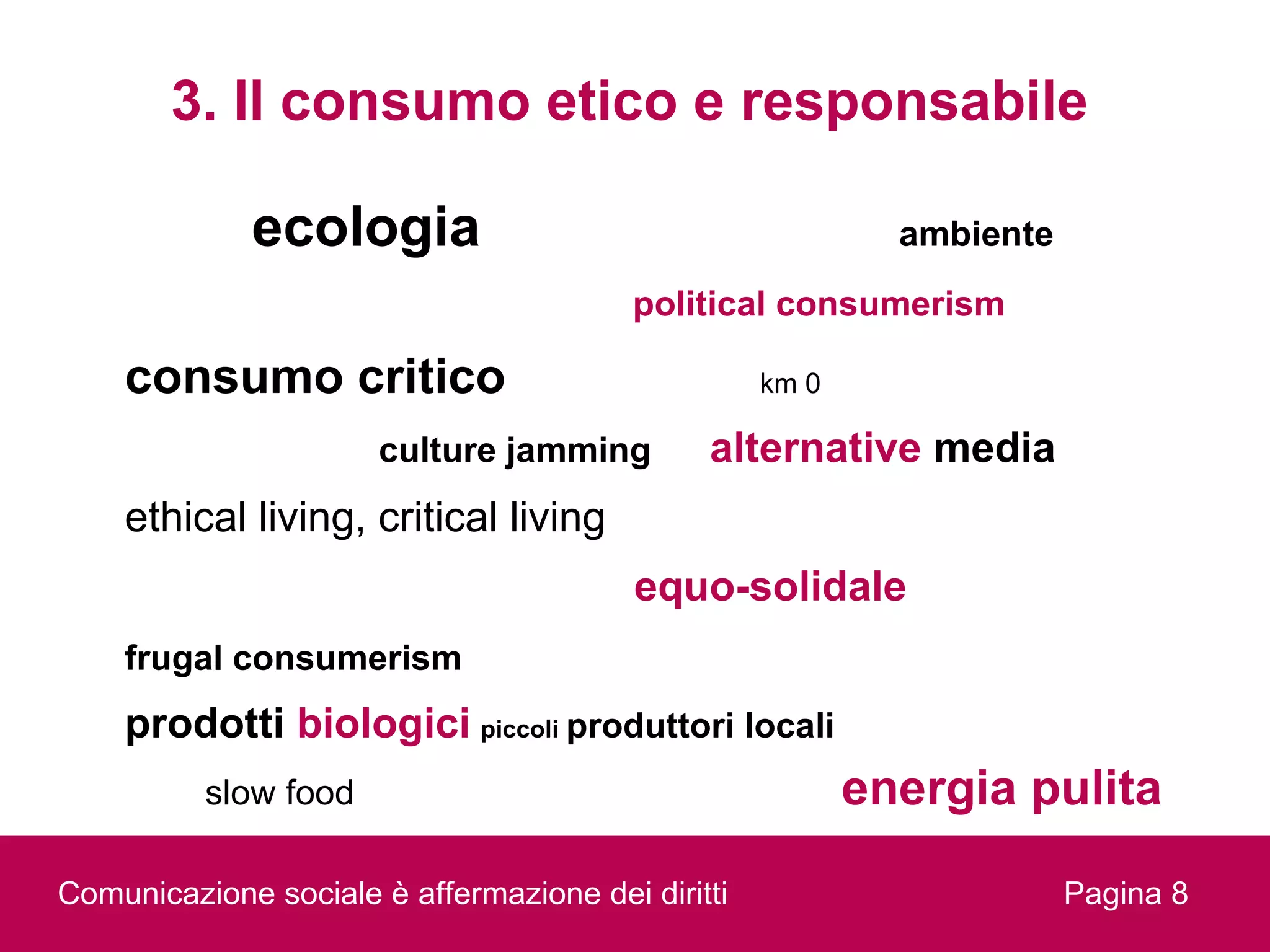 3. Il consumo etico e responsabile

             ecologia                                       ambiente
                                         political consumerism

    consumo critico                                km 0

                      culture jamming         alternative media
    ethical living, critical living
                                         equo-solidale
    frugal consumerism
    prodotti biologici piccoli produttori locali
          slow food                                       energia pulita

Comunicazione sociale è affermazione dei diritti                       Pagina 8
 