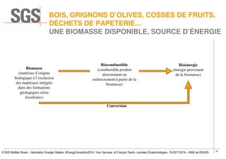 31
© SGS Multilab Rouen - Valorisation Energie/ Matière #EnergyConnection2014, Yvon Gervaise et François David– Journées Écotechnologies– 19-20/11/2014 – INSA de ROUEN
BOIS, GRIGNONS D’OLIVES, COSSES DE FRUITS,
DÉCHETS DE PAPETERIE…
UNE BIOMASSE DISPONIBLE, SOURCE D’ÉNERGIE
Biomasse
(matériau d’origine
biologique à l’exclusion
des matériaux intégrés
dans des formations
géologiques et/ou
fossilisées)
Production / Préparation
Biocombustible
(combustible produit
directement ou
indirectement à partir de la
biomasse)
Conversion
Bioénergie
(énergie provenant
de la biomasse)
 