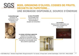 32
© SGS Multilab Rouen - Valorisation Energie/ Matière #EnergyConnection2014, Yvon Gervaise et François David– Journées Écotechnologies– 19-20/11/2014 – INSA de ROUEN
L’échantillonnage
Processus de
prélèvement ou de
constitution d’un
échantillon
Le taux d’humidité
Pourcentage d’eau
présent au sein du
biocombustible à
réception de l’échantillon
Les cendres
Résidu minéral solide obtenu par
combustion complète d’un
combustible
La masse volumique apparente
Quotient de la masse d’une
quantité de combustible solide
divisée par le volume du contenant
occupé par le combustible, dans
des conditions spécifiques
BOIS, GRIGNONS D’OLIVES, COSSES DE FRUITS,
DÉCHETS DE PAPETERIE…
UNE BIOMASSE DISPONIBLE, SOURCE D’ÉNERGIE
 