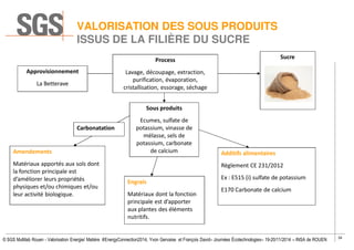 34
© SGS Multilab Rouen - Valorisation Energie/ Matière #EnergyConnection2014, Yvon Gervaise et François David– Journées Écotechnologies– 19-20/11/2014 – INSA de ROUEN
VALORISATION DES SOUS PRODUITS
ISSUS DE LA FILIÈRE DU SUCRE
Approvisionnement
La Betterave
Process
Lavage, découpage, extraction,
purification, évaporation,
cristallisation, essorage, séchage
Sucre
Sous produits
Ecumes, sulfate de
potassium, vinasse de
mélasse, sels de
potassium, carbonate
de calcium
Carbonatation
Amendements
Matériaux apportés aux sols dont
la fonction principale est
d’améliorer leurs propriétés
physiques et/ou chimiques et/ou
leur activité biologique.
Engrais
Matériaux dont la fonction
principale est d’apporter
aux plantes des éléments
nutritifs.
Additifs alimentaires
Règlement CE 231/2012
Ex : E515 (i) sulfate de potassium
E170 Carbonate de calcium
 