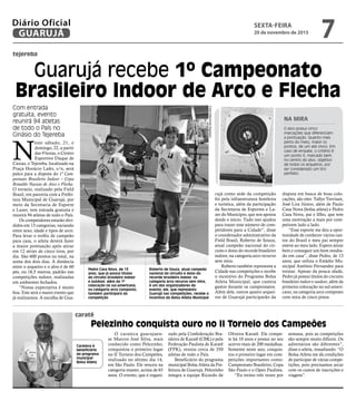 Guarujá recebe 1º Campeonato
Brasileiro Indoor de Arco e Flecha
Pelezinho conquista ouro no II Torneio dos Campeões
tejereba
caratê
Com entrada
gratuita, evento
reunirá 94 atletas
de todo o País no
Ginásio do Tejereba
Carateca é
beneficiário
do programa
municipal
Bolsa Atleta
N
este sábado, 21, e
domingo, 22, a partir
das 9 horas, o Centro
Esportivo Duque de
Caxias, o Tejereba, localizado na
Praça Horácio Lafer, s/n, será
palco para a disputa do 1º Cam-
peonato Brasileiro Indoor – Copa
Ronaldo Nacaxe de Arco e Flecha.
O torneio, realizado pela Field
Brasil, em parceria com a Prefei-
tura Municipal de Guarujá, por
meio da Secretaria de Esporte
e Lazer, tem entrada gratuita e
reunirá 94 atletas de todo o País.
Os competidores estarão divi-
didos em 13 categorias, variando
entre sexo, idade e tipos de arco.
Para levar o troféu de campeão
para casa, o atleta deverá fazer
a maior pontuação após atirar
em 12 séries de cinco tiros, por
dia. São 600 pontos no total, na
soma dos dois dias. A distância
entre o arqueiro e o alvo é de 60
pés, ou 18,5 metros, padrão nas
competições indoor, realizadas
em ambientes fechados.
“Nossa expectativa é muito
boa. Este será o maior evento que
já realizamos. A escolha de Gua-
O carateca guarujaen-
se Marcos José Silva, mais
conhecido como Pelezinho,
conquistou o primeiro lugar
no II Torneio dos Campeões,
realizado no último dia 14,
em São Paulo. Ele venceu na
categoria master, acima de 65
anos. O evento, que é organi-
zado pela Confederação Bra-
sileira de Karatê (CBK) e pela
Federação Paulista de Karatê
(FPK), reuniu cerca de 350
atletas de todo o País.
Beneficiário do programa
municipal Bolsa Atleta da Pre-
feitura de Guarujá, Pelezinho
integra a equipe Ricardo de
Oliveira Karatê. Ele compe-
te há 10 anos e possui no seu
acervo mais de 200 medalhas.
Somente neste ano, conquis-
tou o primeiro lugar em com-
petições importantes como:
Campeonato Brasileiro, Copa
São Paulo e o Open Paulista.
“Eu treino três vezes por
semana, pois as competições
são sempre muito difíceis. Os
adversários são diferentes”,
disse o atleta, ressaltando: “O
Bolsa Atleta me dá condições
de participar de várias compe-
tições, pois precisamos arcar
com os custos de inscrições e
viagens”.
NA MIRA
O alvo possui cinco
marcações que diferenciam
a pontuação. Quanto mais
perto do meio, maior os
pontos, de um até cinco. Em
caso de empate, o critério é
um ponto X, marcado bem
no centro do alvo, objetivo
de todos os arqueiros, por
ser considerado um tiro
perfeito.
FotosRaimundoNogueira
Roberto de Souza, atual campeão
nacional do circuito e dono do
recorde brasileiro indoor, na
categoria arco recurvo sem mira,
é um dos organizadores do
evento; ele, que representa
Guarujá nas competições, recebe o
incentivo do Bolsa Atleta Municipal
Pedro Casa Nova, de 13
anos, que já possui títulos
do circuito brasileiro indoor
e outdoor, além da 1ª
colocação no sul-americano,
na categoria arco composto,
também participará da
competição
rujá como sede da competição
foi pela infraestrutura hoteleira
e turística, além da participação
da Secretaria de Esportes e La-
zer do Município, que nos apoiou
desde o início. Tudo isso ajudou
para trazer esse número de com-
petidores para a Cidade”, disse
o coordenador administrativo da
Field Brasil, Roberto de Souza,
atual campeão nacional do cir-
cuito e dono do recorde brasileiro
indoor, na categoria arco recurvo
sem mira.
Roberto também representa a
Cidade nas competições e recebe
o incentivo do Programa Bolsa
Atleta Municipal, que custeia
gastos durante os campeonatos.
Além dele, outros quatro arquei-
ros de Guarujá participarão da
disputa em busca de boas colo-
cações, são eles: Tallys Trevisan,
José Lira Júnior, além de Paulo
Casa Nova (bolsa atleta) e Pedro
Casa Nova, pai e filho, que tem
uma motivação a mais por com-
petirem lado a lado.
“Esse esporte me deu a opor-
tunidade de conhecer vários can-
tos do Brasil e meu pai sempre
esteve ao meu lado. Espero atirar
bem e conseguir um bom resulta-
do em casa”, disse Pedro, de 13
anos, que utiliza o Estádio Mu-
nicipal Antônio Fernandes para
treinar. Apesar da pouca idade,
Pedro já possui títulos do circuito
brasileiro indoor e outdoor, além da
primeira colocação no sul-ameri-
cano, na categoria arco composto
com mira de cinco pinos.
SEXTA-FEIRA
20 de novembro de 2015
7GUARUJÁ
Diário Oficial
 