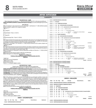 D E C R E T O N.º 11.630.
“Altera dispositivos do Decreto n.º 11.584, de 06 de outubro de 2015, e dá outras providências.”
MARIA ANTONIETA DE BRITO, Prefeita Municipal de Guarujá, no uso das atribuições que a lei lhe
confere;
D E C R E T A :
Art. 1.º As alíneas“c”, dos incisos IV eV, e o § 2.º, do artigo 1.º, do Decreto n.º 11.584, de 06 de outubro
de 2015, passam a vigorar com a seguinte redação:
“Art. 1.º (…)
(…)
IV – Grupo IV:
(…)
c) Tarsila Marsili - Pront. n.º 20.514;
(…)
V – Grupo 05:
(…)
c) Paulo Henrique Tetti – Pront. n.º 20.352;
(…)
§2.ºCada um dos 05 (cinco) grupos terá, necessariamente, pelo menos 01 (um) integrante pertencente
aos quadros da Advocacia Geral do Município, ficando a Coordenação dos trabalhos de cada grupo
ao encargo do membro indicado na alínea“a”de cada composição.”(NR)
Art. 2.º O § 1.º, do artigo 3.º, do Decreto n.º 11.584, de 06 de outubro de 2015, passa a vigorar com
a seguinte redação:
“Art. 3.º (…)
§ 1.º Após a formalização do requerimento eletrônico de adesão o devedor terá o prazo de 30 (trinta)
dias após o término do período de solicitação de adesão para formalizar a entrega dos formulários e
documentos, mencionados no caput deste artigo.”(NR)
Art. 3.º Permanecem inalteradas as demais disposições contidas no Decreto n.º 11.584, de 06 de
outubro de 2015.
Art. 4.º Este Decreto entra em vigor na data de sua publicação.
Art. 5.º Revogam-se as disposições em contrário.
Registre-se e publique-se.
Prefeitura Municipal de Guarujá, em 18 de novembro de 2015.
PREFEITA
“SERIN”/rdl
Registrado no Livro Competente
“GAB”, em 18.11.2015
Renata Disaró Lacerda
Pront. n.º 11.130, que o digitei e assino
D E C R E T O N.º 11.631.
“Dispõe sobre a abertura de crédito adicional suplementar,
autorizada pela Lei Municipal n.º 4.188, de 15 de dezembro de 2014.”
MARIA ANTONIETA DE BRITO, Prefeita Municipal de Guarujá, no uso de suas atribuições legais;
Considerando a necessidade de adequação dos valores estimados durante a fase de elaboração da
Proposta Orçamentária 2015 aos valores efetivamente necessários às ações de Governo;
Considerandoanecessidadedacorretaescrituraçãocontábildasdespesasemsuasrespectivasdotações;e,
Considerando que as modificações acima citadas ocorrem entre as dotações de mesma fonte de
recurso, não afetando, assim, o equilíbrio orçamentário;
D E C R E T A :
Art. 1.º Fica aberto ao orçamento corrente, com fundamento na autorização contida no inciso I do
artigo 6.º da Lei Municipal n.º 4.188, de 15 de dezembro de 2014, o crédito adicional suplementar
no valor de R$ 7.485.781,72 (sete milhões, quatrocentos e oitenta e cinco mil, setecentos e oitenta
e um reais e setenta e dois centavos), conforme programação constante do Anexo I deste Decreto.
Art. 2.º O crédito aberto por este Decreto será coberto com recurso proveniente da anulação parcial
das dotações (art. 43, § 1º, III, Lei Federal 4.320/64), constantes do Anexo II deste decreto, no valor de
R$ R$ 7.485.781,72 (sete milhões, quatrocentos e oitenta e cinco mil, setecentos e oitenta e um reais
e setenta e dois centavos).
Art. 3.º Este Decreto entra em vigor na data de sua publicação.
Registre-se e publique-se.
Prefeitura Municipal de Guarujá, em 19 de novembro de 2015.
PREFEITA
“ORÇ”/eso
Registrado no Livro Competente
“GAB”, em 19.11.2015
Éder Simões de Oliveira
Pront. n.º 18.825, que o digitei e assino
GABINETE
ATOS OFICIAIS
ANEXO I - SUPLEMENTAÇÕES
Órgão Fun Sub Progr Ação Descrição Fonte de Recurso Suplementar
12.00.00 SECRETARIA MUNICIPAL DE EDUCAÇÃO
12.01.00 SECRETARIA MUNICIPAL DE EDUCAÇÃO
12.01.00 12 EDUCAÇÃO
12.01.00 12 306 ALIMENTAÇÃO E NUTRIÇÃO
ANEXO I - SUPLEMENTAÇÕES
Órgão Fun Sub Progr Ação Descrição Fonte de Recurso Suplementar
12.00.00 SECRETARIA MUNICIPAL DE EDUCAÇÃO
12.01.00 SECRETARIA MUNICIPAL DE EDUCAÇÃO
12.01.00 12 EDUCAÇÃO
12.01.00 12 306 ALIMENTAÇÃO E NUTRIÇÃO
12.01.00 12 306 1002 EDUCAÇÃO AMPLA E DE QUALIDADE
12.01.00 12 306 1002 2 031 manutenção dos serviços da merenda escolar
12.01.00 12 306 1002 2 031 3 despesas correntes
12.01.00 12 306 1002 2 031 3 3 outras despesas correntes
12.01.00 12 306 1002 2 031 3 3 90
aplicações
diretas
5
transferências e convênios federais
vinculados
800.000,00
12.01.00 12 361 ENSINO FUNDAMENTAL
12.01.00 12 361 1002 EDUCAÇÃO AMPLA E DE QUALIDADE
12.01.00 12 361 1002 2 080 manutenção dos serviços de ensino fundamental
12.01.00 12 361 1002 2 080 3 despesas correntes
12.01.00 12 361 1002 2 080 3 1 pessoal e encargos sociais
12.01.00 12 361 1002 2 080 3 1 90
aplicações
diretas
1 tesouro 4.440.000,00
12.01.00 12 361 1002 2 080 3 3 outras despesas correntes
12.01.00 12 361 1002 2 080 3 3 90
aplicações
diretas
5
transferências e convênios federais
vinculados
830.000,00
12.01.00 12 361 1002 2 080 3 3 90
aplicações
diretas
92
transferências e convênios estaduais
vinculados - exercícios anteriores
20.000,00
12.01.00 12 365 EDUCAÇÃO INFANTIL
12.01.00 12 365 1002 EDUCAÇÃO AMPLA E DE QUALIDADE
12.01.00 12 365 1002 2 035 manutenção dos serviços das creches
12.01.00 12 365 1002 2 035 3 despesas correntes
12.01.00 12 365 1002 2 035 3 1 pessoal e encargos sociais
12.01.00 12 365 1002 2 035 3 1 90
aplicações
diretas
95
transferências e convênios federais
vinculados - exercícios anteriores
1.361.781,72
Subtotal 7.451.781,72
27.00.00 SECRETARIA MUNICIPAL DE OPERAÇÕES URBANAS
27.01.00 SECRETARIA MUNICIPAL DE OPERAÇÕES URBANAS
27.01.00 15 URBANISMO
27.01.00 15 452 SERVIÇOS URBANOS
27.01.00 15 452 3006 MEU BAIRRO MAIS BONITO
27.01.00 15 452 3006 2 199 manutenção dos serviços da secretaria de operações urbanas
27.01.00 15 452 3006 2 199 3 despesas correntes
27.01.00 15 452 3006 2 199 3 3 outras despesas correntes
27.01.00 15 452 3006 2 199 3 3 90
aplicações
diretas
1 tesouro 34.000,00
Subtotal 34.000,00
Total 7.485.781,72
ANEXO II - ANULAÇÕES
Órgão Fun Sub Progr Ação Descrição Fonte de Recurso Anular
10.00.00 SECRETARIA MUNICIPAL DE DEFESA E CONVIVÊNCIA SOCIAL
10.02.00 DIRETORIA DE TRÂNSITO E TRANSPORTE PÚBLICO
10.02.00 26 TRANSPORTE
10.02.00 26 782 TRANSPORTE RODOVIÁRIO
10.02.00 26 782 3004 TRÂNSITO SEGURO
10.02.00 26 782 3004 2 046 manutenção dos serviços da diretoria de trânsito e transporte público
10.02.00 26 782 3004 2 046 3 despesas correntes
10.02.00 26 782 3004 2 046 3 3 outras despesas correntes
10.02.00 26 782 3004 2 046 3 3 90
aplicações
diretas
1 tesouro 34.000,00
Subtotal 34.000,00
12.00.00 SECRETARIA MUNICIPAL DE EDUCAÇÃO
12.01.00 SECRETARIA MUNICIPAL DE EDUCAÇÃO
12.01.00 12 EDUCAÇÃO
12.01.00 12 122 ADMINISTRAÇÃO GERAL
12.01.00 12 122 1002 EDUCAÇÃO AMPLA E DE QUALIDADE
SEXTA-FEIRA
20 de novembro de 2015
8 GUARUJÁ
Diário Oficial
 