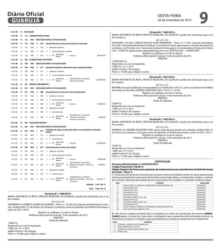 Portaria N.º 1385/2015.-
MARIA ANTONIETA DE BRITO, PREFEITA MUNICIPAL DE GUARUJÁ, usando das atribuições que a Lei
lhe confere; e,
R E S O L V E :
DESIGNAR o servidor CARLOS ADOLFO SILVA FERNANDEZ – Pront. n.º 17.301, Assessor Estratégico
IV, junto à Secretaria Municipal de Defesa e Convivência Social, para exercer a função de Gestor do
convênio a ser firmado com a Secretaria Estadual de Educação e a Coordenadoria Estadual de Defesa
Civil - CEDEC/SP, objetivando a disponibilização do curso“DEFESA CIVIL – A AVENTURA”.
Registre-se, publique-se e dê-se ciência.
Prefeitura Municipal de Guarujá, 16 de novembro de 2015.
PREFEITA
“SEDECON”/icc
Registrada no Livro Competente,
“GAB”, em 16.11.2015
Isabel Cristina F. de Campos
Pront. n.º 9.509, que a digitei e assino
Portaria N.º 1391/2015.-
MARIA ANTONIETA DE BRITO, PREFEITA MUNICIPAL DE GUARUJÁ, usando das atribuições que a Lei
lhe confere;
R E S O L V E :
RETIRAR a Função Gratificada correspondente a Coordenador I (FG-S1), junto ao Gabinete do Prefeito
Municipal, da servidora ANDREA QUINTEIRO DIAS– Pront. n.º 16.545.
Registre-se, publique-se e dê-se ciência.
Prefeitura Municipal de Guarujá, 19 de novembro de 2015.
PREFEITA
Chefe do Gabinete
“GAB”/icc
Registrada no Livro Competente
“GAB”, em 19.11.2015
Isabel Cristina F. de Campos
Pront. n.º 9.509, que a digitei e assino
Portaria N.º 1392/2015.-
MARIA ANTONIETA DE BRITO, PREFEITA MUNICIPAL DE GUARUJÁ, usando das atribuições que a Lei
lhe confere;
R E S O L V E :
NOMEAR a Srª ANDREA QUINTEIRO DIAS, para o cargo de provimento em comissão, símbolo DAS-12,
de Diretor de Compras e Licitações, junto ao Gabinete do Prefeito Municipal, a partir de 20/11/2015.
Registre-se, publique-se e dê-se ciência.
Prefeitura Municipal de Guarujá, 19 de novembro de 2015.
PREFEITA
Chefe do Gabinete
“GAB”/icc
Registrada no Livro Competente
“GAB”, em 19.11.2015
Isabel Cristina F. de Campos
Pront. n.º 9.509, que a digitei e assino
CONVOCAÇÃO
Processo Administrativo nº 5442/942/2015
Pregão Presencial nº 48/2015	
Objeto:RegistrodePreçosparaaquisiçãodemedicamentosparaatendimentodaRedeMunicipal
de Saúde – Bloco 2.
I–A vista dos elementos de convicção que instruem o processo licitatório, tendo em vista a apresentação
da documentação técnica por parte das licitantes relacionadas abaixo, considerando a análise e o parecer
dos mesmos, efetuado pela equipe técnica responsável, torno público o resultado conforme segue:
ITEM LICITANTE RESULTADO
6 QUALITY MEDICAL COMÉRCIO E DISTRIBUIDORA DE MEDICAMENTOS LTDA INDEFERIDO
13 DROGAFONTE LTDA INDEFERIDO
41 DROGAFONTE LTDA INDEFERIDO
46 DROGAFONTE LTDA INDEFERIDO
51 DROGAFONTE LTDA INDEFERIDO
64 BH FARMA COMÉRCIO LTDA - ME INDEFERIDO
66 DROGAFONTE LTDA INDEFERIDO
67 BH FARMA COMÉRCIO LTDA - ME INDEFERIDO
73 DROGAFONTE LTDA INDEFERIDO
75 QUALITY MEDICAL COMÉRCIO E DISTRIBUIDORA DE MEDICAMENTOS LTDA INDEFERIDO
106 VITAL HOSPITALAR COMERCIAL LTDA INDEFERIDO
II - Nos termos exigidos do Edital, ficam as licitantes, na ordem de classificação do certame, CONVO-
CADAS abaixo, no prazo de 5 dias úteis, a entregarem suas respectivas documentações técnicas, na
Diretoria de Compras e Licitações, para procedimento da análise da equipe técnica competente:
ITEM LICITANTE
6 COMERCIAL CIRÚRGICA RIOCLARENSE LTDA
13 PRATI, DONADUZZI & CIA LTDA
41 COMERCIAL CIRÚRGICA RIOCLARENSE LTDA
46 PORTAL LTDA
10.02.00 26 782 3004 TRÂNSITO SEGURO
10.02.00 26 782 3004 2 046 manutenção dos serviços da diretoria de trânsito e transporte público
10.02.00 26 782 3004 2 046 3 despesas correntes
10.02.00 26 782 3004 2 046 3 3 outras despesas correntes
10.02.00 26 782 3004 2 046 3 3 90
aplicações
diretas
1 tesouro 34.000,00
Subtotal 34.000,00
12.00.00 SECRETARIA MUNICIPAL DE EDUCAÇÃO
12.01.00 SECRETARIA MUNICIPAL DE EDUCAÇÃO
12.01.00 12 EDUCAÇÃO
12.01.00 12 122 ADMINISTRAÇÃO GERAL
12.01.00 12 122 1002 EDUCAÇÃO AMPLA E DE QUALIDADE
12.01.00 12 122 1002 2 032 manutenção dos serviços da secretaria de educação
12.01.00 12 122 1002 2 032 3 despesas correntes
12.01.00 12 122 1002 2 032 3 3 outras despesas correntes
12.01.00 12 122 1002 2 032 3 3 90
aplicações
diretas
1 tesouro 600.000,00
12.01.00 12 306 ALIMENTAÇÃO E NUTRIÇÃO
12.01.00 12 306 1002 EDUCAÇÃO AMPLA E DE QUALIDADE
12.01.00 12 306 1002 2 077 aquisição de gêneros alimentícios para a educação básica
12.01.00 12 306 1002 2 077 3 despesas correntes
12.01.00 12 306 1002 2 077 3 3 outras despesas correntes
12.01.00 12 306 1002 2 077 3 3 90
aplicações
diretas
5
transferências e convênios
federais vinculados
1.630.000,00
12.01.00 12 361 ENSINO FUNDAMENTAL
12.01.00 12 361 1002 EDUCAÇÃO AMPLA E DE QUALIDADE
12.01.00 12 361 1002 2 080 manutenção dos serviços de ensino fundamental
12.01.00 12 361 1002 2 080 3 despesas correntes
12.01.00 12 361 1002 2 080 3 3 outras despesas correntes
12.01.00 12 361 1002 2 080 3 3 90
aplicações
diretas
1 tesouro 200.000,00
12.01.00 12 361 1002 2 080 4 despesas de capital
12.01.00 12 361 1002 2 080 4 4 investimentos
12.01.00 12 361 1002 2 080 4 4 90
aplicações
diretas
92
transferências e convênios
estaduais vinculados -
exercícios anteriores
20.000,00
12.01.00 12 365 EDUCAÇÃO INFANTIL
12.01.00 12 365 1002 EDUCAÇÃO AMPLA E DE QUALIDADE
12.01.00 12 365 1002 1 077
ampliação de vagas na educação básica, com prioridade à educação
infantil
12.01.00 12 365 1002 1 077 4 despesas de capital
12.01.00 12 365 1002 1 077 4 4 investimentos
12.01.00 12 365 1002 1 077 4 4 90
aplicações
diretas
1 tesouro 3.540.000,00
12.01.00 12 365 1002 2 035 manutenção dos serviços das creches
12.01.00 12 365 1002 2 035 3 despesas correntes
12.01.00 12 365 1002 2 035 3 3 outras despesas correntes
12.01.00 12 365 1002 2 035 3 3 90
aplicações
diretas
1 tesouro 100.000,00
12.01.00 12 365 1002 2 035 3 3 90
aplicações
diretas
95
transferências e convênios
federais vinculados - exercícios
anteriores
155.000,01
12.01.00 12 365 1002 2 035 4 despesas de capital
12.01.00 12 365 1002 2 035 4 4 investimentos
12.01.00 12 365 1002 2 035 4 4 90
aplicações
diretas
95
transferências e convênios
federais vinculados - exercícios
anteriores
1.206.781,71
Subtotal 7.451.781,72
Total 7.485.781,72
Portaria N.º 1.390/2015.-
MARIA ANTONIETA DE BRITO, PREFEITA MUNICIPAL DE GUARUJÁ, usando das atribuições que a Lei
lhe confere;
R E S O L V E :
EXONERAR a Srª REBECA GOMES DE ALMEIDA – Pront. n.º 18.185, do cargo de provimento em comis-
são, símbolo DAS-12, de Diretor de Compras e Licitações, junto ao Gabinete do Prefeito Municipal, a
partir de 20/11/2015.
Registre-se, publique-se e dê-se ciência.
Prefeitura Municipal de Guarujá, 19 de novembro de 2015.
PREFEITA
Chefe do Gabinete
“GAB”/icc
Registrada no Livro Competente
“GAB”, em 19.11.2015
Isabel Cristina F. de Campos
Pront. n.º 9.509, que a digitei e assino
SEXTA-FEIRA
20 de novembro de 2015
9GUARUJÁ
Diário Oficial
 