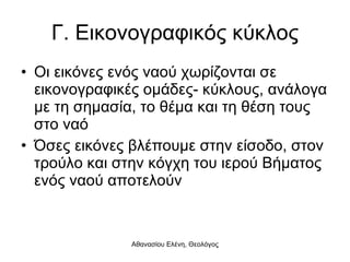 Γ. Εικονογραφικός κύκλος Οι εικόνες ενός ναού χωρίζονται σε εικονογραφικές ομάδες- κύκλους, ανάλογα με τη σημασία, το θέμα και τη θέση τους στο ναό Όσες εικόνες βλέπουμε στην είσοδο, στον τρούλο και στην κόγχη του ιερού Βήματος ενός ναού αποτελούν  