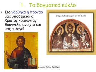Το δογματικό κύκλο Στο  νάρθηκα ή πρόναο  μας υποδέχεται ο Χριστός κρατώντας Ευαγγέλιο ανοιχτό και μας ευλογεί 