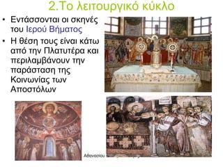 2.Το λειτουργικό κύκλο Εντάσσονται οι σκηνές του  Ιερού Βήματος Η θέση τους είναι κάτω από την Πλατυτέρα και περιλαμβάνουν την παράσταση της Κοινωνίας των Αποστόλων 