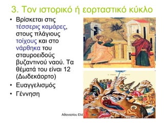 3. Τον ιστορικό ή εορταστικό κύκλο Βρίσκεται στις  τέσσερις καμάρες , στους πλάγιους  τοίχους  και στο  νάρθηκα  του σταυροειδούς βυζαντινού ναού. Τα θέματά του είναι 12 (Δωδεκάορτο) Ευαγγελισμός Γέννηση 