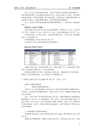 做电商，上派代 www.paidai.com                            第一章 电商基础


         基于以上几点以及别的各种因素，导致了中国 B2C 盈利要比美国困难的多。
       就会导致恶性循环，整天想的是怎样生存下去，做大点去融 VC 的钱。中国 B2C
       呈现两个极端：要不就是贼抠，要不就是贼烧，而美国 B2C 的钱都花在投资 IT
       系统和用户体验；完善服务做好售后，扩张并购的战略前瞻性上。
         总之，在并不乐观远未成熟的社会环境和客观条件下，中国 B2C，路漫漫其
       修远。
         美国 B2C 行业的几个数据
         在全美 B2C 市场 2008 年 1800 亿美元销售额中，TOP500 占了 69%，TOP100
       占了 55%，TOP20 占了 38%，TOP10 占了 28%；TOP1 AMAZON 一家占了 11%。
         TOP500 构成：41%是纯 B2C；30%是传统零售企业；17%是 DM／电视购物
       企业；11%是品牌厂商。
         年销售额超过 10 亿美元的 B2C 有 21 家。
         TOP500 中 72%在 SNS/视频网站进行营销推广。

          美国 2009 年 B2C TOP10




           AMZN 增长 28%，STAPLE 增长 27%，APPLE 增长 17%，WALMART 增长
       100%，BESTBUY 增长 22%，其它几家负增长。
           NEWEGG 被挤出 TOP10，BESTBUY 成功上位，WALMART 发力扩品类；
       价格战；免运费果然疯狂，从 08 年的第 13 名蹿到第 6 名。

       2、韩国电子商务之旅—拜访韩国 TOP B2C/C2C 作者：veryls

          韩国网上购物发展情况
          1.       韩国网上购物发展历史：
          1996 年 6 月，INTERPARK（B2C NO.1）的上线代表韩国网上购物的开始，
       之后乐天；新世界等大集团纷纷进入，在接下来的 4 年里，韩国线上零售企业都
       是以综合 B2C
          为主，直到 2000 年开始出现垂直 B2C 和 C2C，被视为韩国网上购物高速发
       展的爆发点。2004 年，以 GMARKET（C2C NO.1，2009 年被 EBAY 收购）和
       AUCTION（C2C NO.2，2004 年被 EBAY 收购）的活跃，奠定了 C2C 反超和压
       倒 B2C 的基础。2009 年，EBAY 收购 GMARKET，占据了韩国 C2C 市场 80%以
       上的市场份额。

         2. 目前韩国电子商务市场概况：
         市场规模/增长速度：2009 年将达到 1000 亿元 RMB，增长速度为 16%（远高
       于线下） 。
         网购人数/网购渗透率：韩国人口数为 4800 万人，网民数为 3400 万人，网络


                                                           7
 