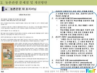 관광객은 여행국가의 경제 · 환경 · 문화를 존중하고 보호할 책임이 있다는 개념 ,  관광객의 윤리적 책임에 초점을 둠 리스폰서블트래블닷컴 (www.responsibletravel.com) 2001 년 처음으로 책임여행을 표방하며 만들어진 영국 여행사 지금까지  2 만 5 천 명 ,  매년 매출이  4 배씩 증가하고 있음 책임여행을 표방한 여행사들은 국제적 네트워크를 구축하고 여행 관련 단체들과 함께 책임여행 프로그램을 운영하고 있음 윤리적 여행자  (www.ethicaltraveler.org ) ‘ 여행이 하나의 외교’라는 생각으로 여행지에서 그 지역을 돕고 ,  그 사회와 환경에 영향을 주는 여행자를 교육하고 있음 .  책임여행은 여행에서 자신을 재발견하고 ,  여행지의 문화와 자연의 다양성을 발견하고 ,  있는 그대로 느끼고 향유하며 배우는 것 .  이런 경험을 통해 여행자는 내적으로 성장하며 세계의 다양성을 지키는데 기여할 수 있게 됨 .  지속가능한 여행 ( www.sustainabletourism.net)  우리나라  :  대안여행 네트워크  (www.tour4us.net) ㈜책임관광 / 트래블러스 MAP/ 착한여행 / 우리가만드는미래 / 제주올레 / 제주생태관광 / 지리산숲길 2.  농촌관광 문제점 및 개선방안 농촌관광 재 포지셔닝 