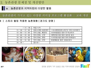 농촌관광이 가지고 있는 다양한 의미성 프로그램 활성화  :  교육 개선 예  )  스토리 텔링 적용한 농촌체험 ( 경기도 양평 ) 2.  농촌관광 문제점 및 개선방안 농촌관광과 지역자원의 다양한 활용 