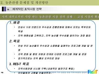 2.  농촌관광 문제점 및 개선방안 *  지역 내부로부터 사랑 받는 농촌관광 시장 전략 실행  :  고정 시장의 확보 배경 안성시  5 대 브랜드의 우수성과 전통문화에 대해서 모르는 학부모와 학생 지역 애향심을 고취하고 ,  지역 농산물 우수성을 알아가는 과정 필요 목표 안성 우리 농산물의 우수성과 소중함을 일깨우는 프로그램 개발 및 운영 지역 문화 및 향토 자원과 연계된 다양한 프로그램 개발 및 운영 장기적으로는 지역 홍보 도우미로 양성 RES-T  목표 지역사회관광 시스템 구축 ( 내생적인 발전구조 확립 ) 아이들에게 고향을 만들어주자 .  체계적인 표적시장 전략 