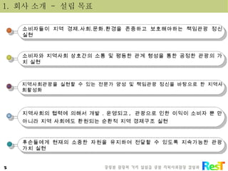 1.  회사 소개  -  설립 목표 소비자들이 지역 경제․사회․문화․환경을 존중하고 보호해야하는 책임관광 정신 실현   소비자와 지역사회 상호간의 소통 및 평등한 관계 형성을 통한 공정한 관광의 가치 실현   지역사회관광을 실현할 수 있는 전문가 양성 및 책임관광 정신을 바탕으로 한 지역사회활성화 지역사회의 협력에 의해서 개발 ․ 운영되고 ,  관광으로 인한 이익이 소비자 뿐 만 아니라 지역 사회에도 환원되는 순환적 지역 경제구조 실현   후손들에게 현재의 소중한 자원을   유지하여 전달할 수 있도록 지속가능한 관광 가치 실현   