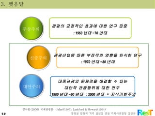 김사헌 (2006)  국제관광론  : Jafari(1986), Lankford & Howard(1994) 3.  맺음말 주창주의 관광의 긍정적인 효과에 대한 연구 집중  : 1960 년대 ~70 년대 신중주의 관광산업에 따른 부정적인 영향을 인식한 연구 : 1970 년대 ~80 년대 대안주의 대중관광의 문제점을 해결할 수 있는 대안적 관광행위에 대한 연구  : 1980 년대 ~90 년대  : 2000 년대  =  지식기반주의 