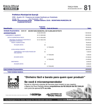 Diário Oficial
 GUARUJÁ
                                                                                                        teRçA-feiRA
                                                                                                        20 de dezembro de 2011
                                                                                                                                    81
                
                
                            
                 
                        


                                                                     
                                                                                                      

             23.01.01      SECRETARIA MUNICIPAL DE PLANEJAM ESTRATE
                                                     04.000.0000.0000                                                    1.005.000,00

                                          04.121.0000.0000                                                    1.005.000,00

                                   04.121.4004.0000                                                    1.005.000,00

                         04.121.4004.2196                                                    1.005.000,00
           
                                                      1                                                      759.000,00

                                                             90                                                      759.000,00

                                                                                     01 TESOURO                                        759.000,00

                                                       3                                                      226.000,00

                                    50                                                       12.000,00
                    

                                                                                     01 TESOURO                                         12.000,00

                                                             90                                                      214.000,00

                                                                                     01 TESOURO                                        214.000,00

                                                                   4                                                       20.000,00

                                                             90                                                       20.000,00

                                                                                     01 TESOURO                                         20.000,00


                                                                                                           1.005.000,00

                                                                                                                1.005.000,00




                                                                                                       
 