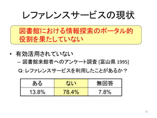 レファレンスサービスの現状	
  図書館における情報探索のポータル的
  役割を果たしていない	

•  有効活用されていない	
  
  –  図書館来館者へのアンケート調査	
  [富山県	
  1995]	
  
       	
  Ｑ：レファレンスサービスを利用したことがあるか？	

       ある	
       ない	
       無回答	
      13.8%      78.4%       7.8%


                                            10	
  
 