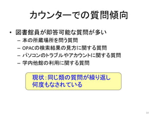 カウンターでの質問傾向	
•  図書館員が即答可能な質問が多い	
  
 –  本の所蔵場所を問う質問	
  
 –  OPACの検索結果の見方に関する質問	
  
 –  パソコンのトラブルやアカウントに関する質問	
  
 –  学内他館の利用に関する質問	

     現状：同じ類の質問が繰り返し
     何度もなされている	



                                14	
  
 
