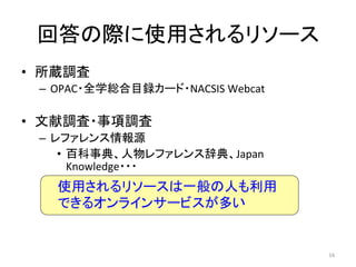 回答の際に使用されるリソース	
•  所蔵調査	
  
  –  OPAC・全学総合目録カード・NACSIS	
  Webcat	
  

•  文献調査・事項調査	
  
  –  レファレンス情報源	
  
      •  百科事典、人物レファレンス辞典、Japan	
  
         Knowledge・・・	
  
        	
     使用されるリソースは一般の人も利用
     できるオンラインサービスが多い	


                                           16	
  
 