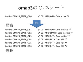 omap3のＣ-ステート
#define OMAP3_STATE_C1 0      /* C1 - MPU WFI + Core active */

                           IDLE
昼寝
#define OMAP3_STATE_C2 1      /* C2 - MPU WFI + Core inactive */
#define OMAP3_STATE_C3 2      /* C3 - MPU CSWR + Core inactive */
#define OMAP3_STATE_C4 3      /* C4 - MPU OFF + Core iactive */
#define OMAP3_STATE_C5 4      /* C5 - MPU RET + Core RET */
#define OMAP3_STATE_C6 5      /* C6 - MPU OFF + Core RET */
#define OMAP3_STATE_C7 6      /* C7 - MPU OFF + Core OFF */

爆睡
 
