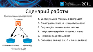 Сценарий  работы
    1. Соединяемся  с  главным  фронтендом
    2. Он  отправляет  нас  на  нужный  фронтенд
    3. Создаем/восстанавливаем  сессию
    4. Получаем  настройки,  перевод  и  меню
    5. Показываем  уведомления
    6. Посылаем  данные  о  wi-­‐ﬁ  и  скрин-­‐сейвере
 