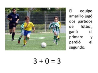 El    equipo
        amarillo jugó
        dos partidos
        de     fútbol,
        ganó        el
        primero      y
        perdió      el
        segundo.


3+0=3
 
