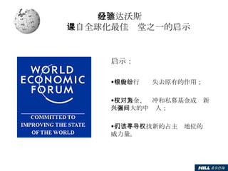 分享达沃斯经验 来自全球化最佳课堂之一的启示 启示： 中央银行纷纷失去原有的作用； 主权基金、对冲和私募基金成为新兴而强大的中间人； 人们不该寻找新的占主导地位的权威力量。  