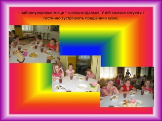 - найпопулярніше місце – шкільна їдальня. У ній смачно готують і
            гостинно зустрічають працівники кухні;
 