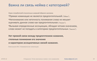 Опрос потребителей относительно названий обувного магазина.
•Прямая номинация не является предпочтительной ("Обувь") .
•Непонимание или неточность понимания слова не мешает
оценивать данное слово как предпочтительное ("Альянс").
•Вызывая определенные ассоциации, обладая четким значением,
слово может не попадать в категорию предпочтительных ("Каштан").
Нет прямой связи между предпочтением названия,
степенью понимания его значения
и характером ассоциативных связей названия.
Важна ли связь нейма с категорией?
24.04.12 10
Новичихина М.Е. Коммерческая номинация.
И.Баранов. Успех магазина в связи с его названием iliabara@gmail.com
 