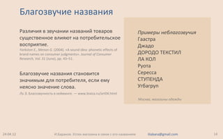 Благозвучие названия
Различия в звучании названий товаров
существенное влияют на потребительское
восприятие.
Yorkston E., Menon G. (2004). «A sound idea: phonetic effects of
brand names on consumer judgments». Journal of Consumer
Research, Vol. 31 (June), pp. 43–51.
Благозвучие названия становится
значимым для потребителя, если ему
неясно значение слова.
Ли Э. Благозвучность в нейминге. — www.lexica.ru/art04.html.
24.04.12 14И.Баранов. Успех магазина в связи с его названием iliabara@gmail.com
Примеры неблагозвучия
Гаастра
Джадo
ДОРОДО ТЕКСТИЛ
ЛА КОЛ
Руота
Сересcа
СТУПЕНДА
Угбагруп
Москва, магазины одежды
 