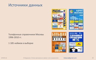 Источники данных
Телефонные справочники Москвы
1996-2010 гг.
1 185 неймов в выборке
24.04.12 26И.Баранов. Успех магазина в связи с его названием iliabara@gmail.com
 