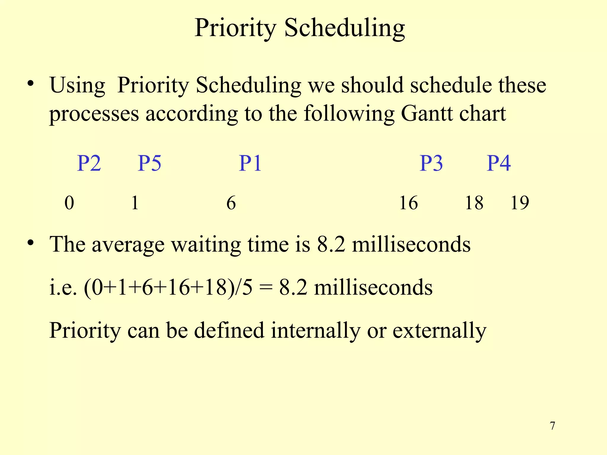 Priority Scheduling

• Using Priority Scheduling we should schedule these
  processes according to the following Gantt chart

       P2   P5           P1                  P3        P4
   0        1        6                  16        18    19

• The average waiting time is 8.2 milliseconds
  i.e. (0+1+6+16+18)/5 = 8.2 milliseconds
  Priority can be defined internally or externally


                                                             7
 