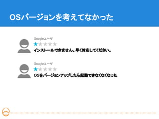 OSバージョンを考えてなかった

   Googleユーザ


   インストールできません。早く対応してください。


   Googleユーザ


   OSをバージョンアップしたら起動できなくなくなった
 