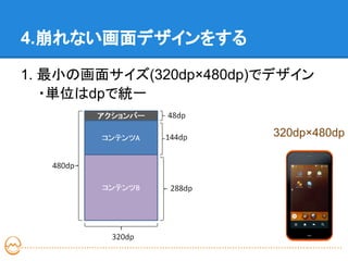 4.崩れない画面デザインをする

1. 最小の画面サイズ(320dp×480dp)でデザイン
   ・単位はdpで統一

                        320dp×480dp
 