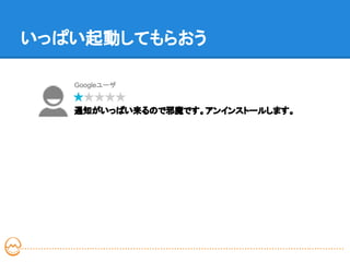 いっぱい起動してもらおう

   Googleユーザ


   通知がいっぱい来るので邪魔です。アンインストールします。
 