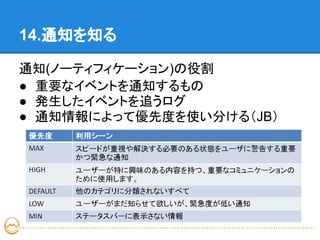 14.通知を知る

通知(ノーティフィケーション)の役割
● 重要なイベントを通知するもの
● 発生したイベントを追うログ
● 通知情報によって優先度を使い分ける（JB）
 
