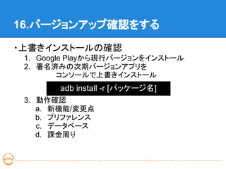 16.バージョンアップ確認をする

・上書きインストールの確認
 1. Google Playから現行バージョンをインストール
 2. 署名済みの次期バージョンアプリを
    　　　　コンソールで上書きインストール
       adb install -r [パッケージ名]
 3. 動作確認
    a. 新機能/変更点
    b. プリファレンス
    c. データベース
    d. 課金周り
 