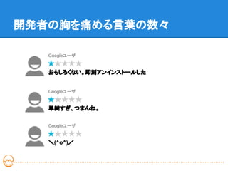 開発者の胸を痛める言葉の数々

   Googleユーザ


   おもしろくない。即刻アンインストールした


   Googleユーザ


   単純すぎ、つまんね。


   Googleユーザ


   ＼(^o^)／
 