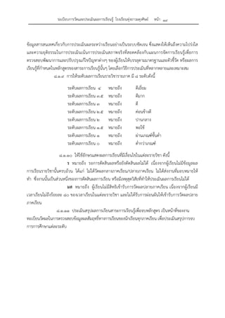 ระเบียบการวัดและประเมินผลการเรียนรู้ โรงเรียนทุ่งยาวผดุงศิษย์ หน้า ๑๙
ข้อมูลสารสนเทศเกี่ยวกับการประเมินผลระหว่างเรียนอย่างเป็นระบบชัดเจน ซึ่งแสดงให้เห็นถึงความโปร่งใส
และความยุติธรรมในการประเมินเน้นการประเมินสภาพจริงที่สอดคล้องกับแผนการจัดการเรียนรู้เพื่อการ
ตรวจสอบพัฒนาการและปรับปรุงแก้ไขปัญหาต่างๆ ของผู้เรียนให้บรรลุตามมาตรฐานและตัวชี้วัด หรือผลการ
เรียนรู้ที่กําหนดในหลักสูตรของสาระการเรียนรู้นั้นๆ โดยเลือกวิธีการประเมินที่หลากหลายและเหมาะสม
๘.๑.๙ การให้ระดับผลการเรียนรายวิชารายภาค มี ๘ ระดับดังนี้
ระดับผลการเรียน ๔ หมายถึง ดีเยี่ยม
ระดับผลการเรียน ๓.๕ หมายถึง ดีมาก
ระดับผลการเรียน ๓ หมายถึง ดี
ระดับผลการเรียน ๒.๕ หมายถึง ค่อนข้างดี
ระดับผลการเรียน ๒ หมายถึง ปานกลาง
ระดับผลการเรียน ๑.๕ หมายถึง พอใช้
ระดับผลการเรียน ๑ หมายถึง ผ่านเกณฑ์ขั้นต่ํา
ระดับผลการเรียน ๐ หมายถึง ต่ํากว่าเกณฑ์
๘.๑.๑๐ ให้ใช้อักษรแสดงผลการเรียนที่มีเงื่อนไขในแต่ละรายวิชา ดังนี้
ร หมายถึง รอการตัดสินผลหรือยังตัดสินผลไม่ได้ เนื่องจากผู้เรียนไม่มีข้อมูลผล
การเรียนรายวิชานั้นครบถ้วน ได้แก่ ไม่ได้วัดผลกลางภาคเรียน/ปลายภาคเรียน ไม่ได้ส่งงานที่มอบหมายให้
ทํา ซึ่งงานนั้นเป็นส่วนหนึ่งของการตัดสินผลการเรียน หรือมีเหตุสุดวิสัยที่ทําให้ประเมินผลการเรียนไม่ได้
มส หมายถึง ผู้เรียนไม่มีสิทธิเข้ารับการวัดผลปลายภาคเรียน เนื่องจากผู้เรียนมี
เวลาเรียนไม่ถึงร้อยละ ๘๐ ของเวลาเรียนในแต่ละรายวิชา และไม่ได้รับการผ่อนผันให้เข้ารับการวัดผลปลาย
ภาคเรียน
๘.๑.๑๑ ประเมินสรุปผลการเรียนสาระการเรียนรู้เพื่อจบหลักสูตร เป็นหน้าที่ของงาน
ทะเบียนวัดผลในการตรวจสอบข้อมูลผลสัมฤทธิ์ทางการเรียนของนักเรียนทุกภาคเรียน เพื่อประเมินสรุปการจบ
การการศึกษาแต่ละระดับ
 