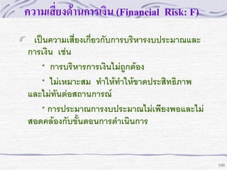 ความเสี่ยงด้านการเงิน (Financial Risk: F)
เป็นความเสี่ยงเกี่ยวกับการบริหารงบประมาณและ
การเงิน เช่น
* การบริหารการเงินไม่ถูกต้อง
* ไม่เหมาะสม ทาให้ทาให้ขาดประสิทธิภาพ
และไม่ทันต่อสถานการณ์
* การประมาณการงบประมาณไม่เพียงพอและไม่
สอดคล้องกับขั้นตอนการดาเนินการ

100

 